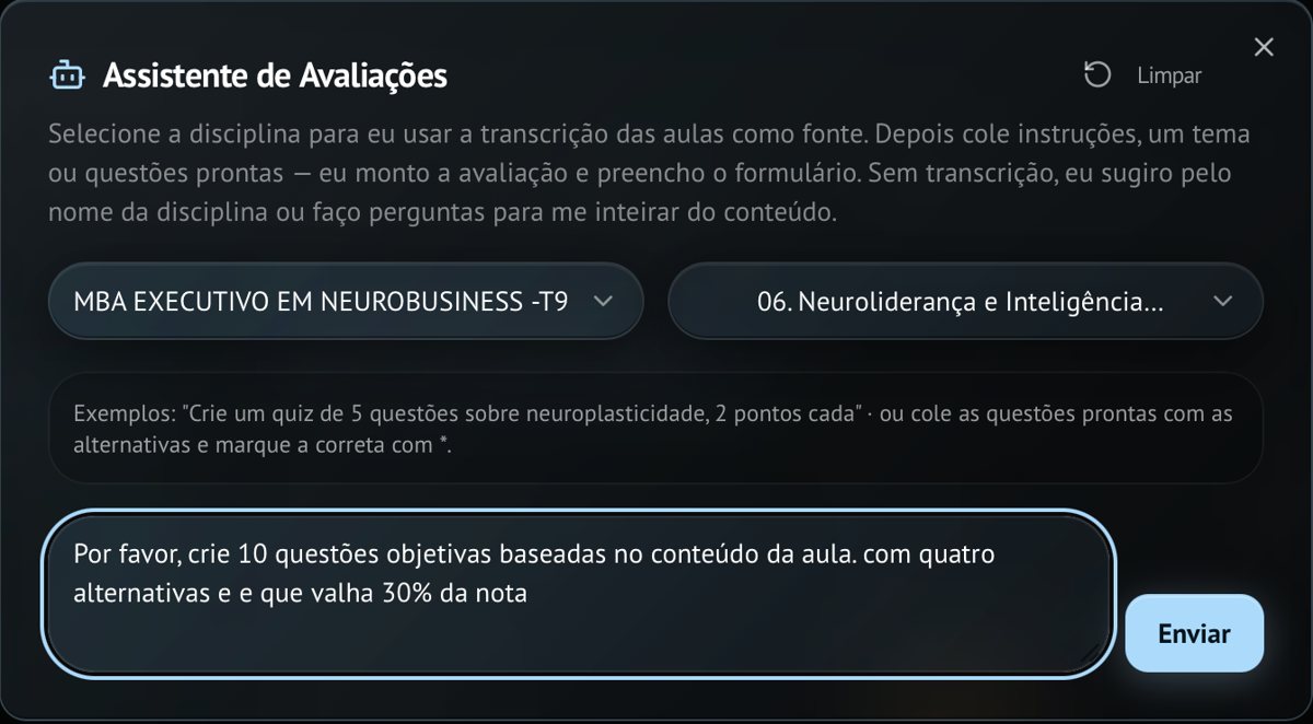 Tela real: assistente de avaliações recebendo o pedido de 10 questões objetivas valendo 30% da nota