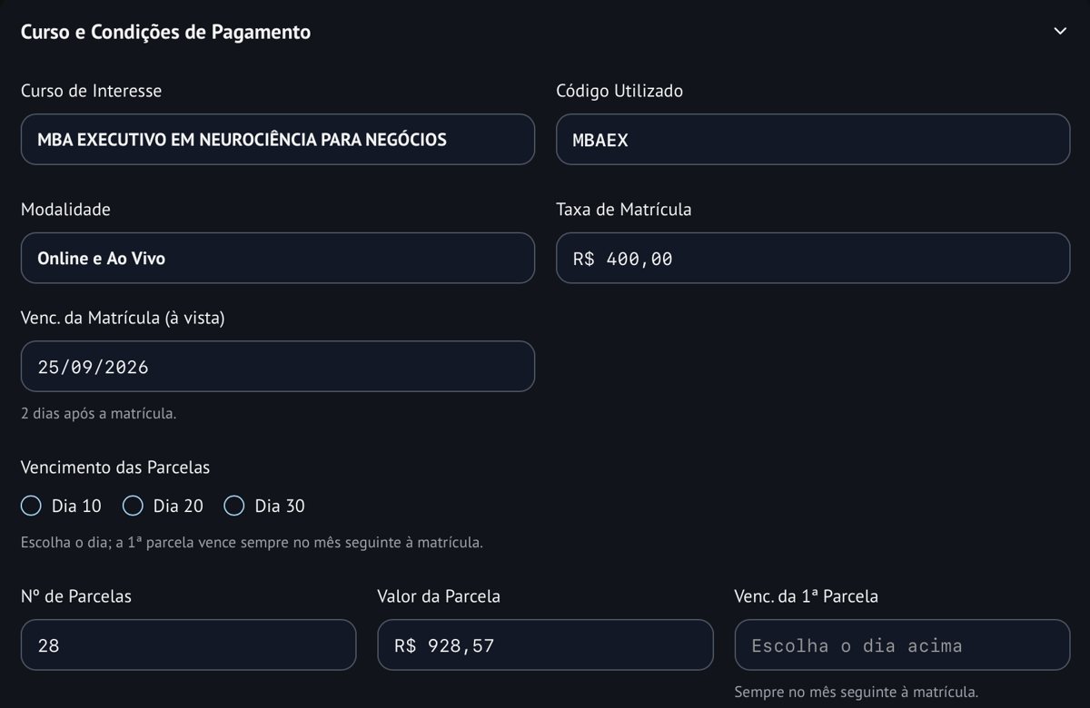 Tela real: curso e condições de pagamento preenchidos a partir do código