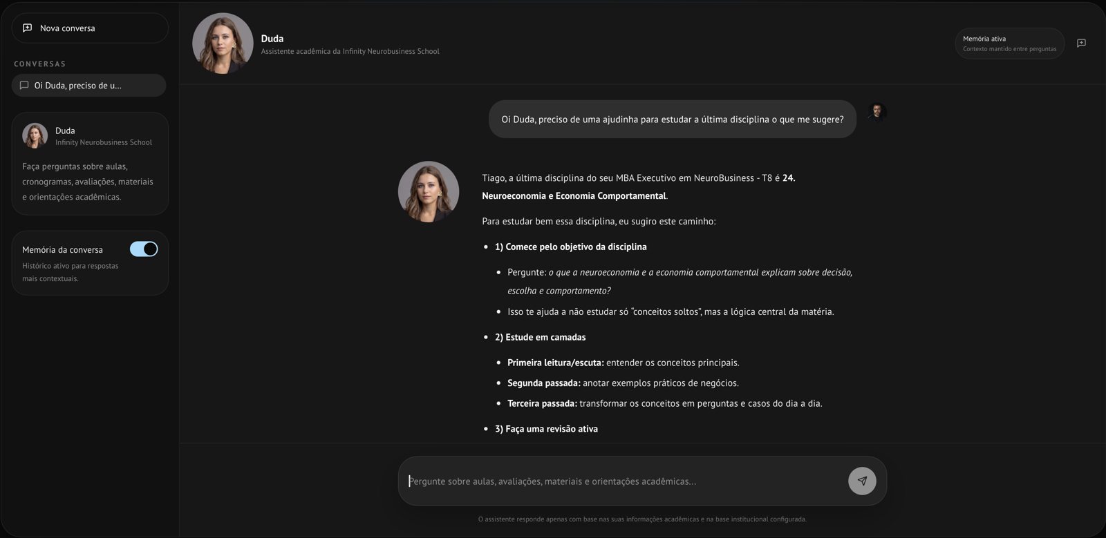 Tela real da Duda, assistente acadêmica, sugerindo um roteiro de estudo para a última disciplina do MBA