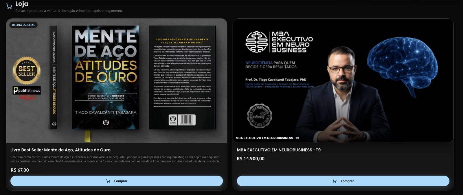Tela real: loja dentro do portal do aluno com um livro e o MBA Executivo em Neurobusiness à venda, cada um com preço e botão Comprar