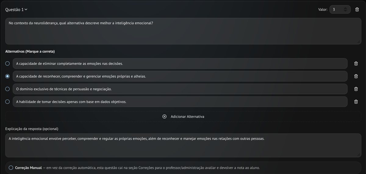Tela real: questão gerada pela IA com alternativas, a correta marcada e a explicação da resposta